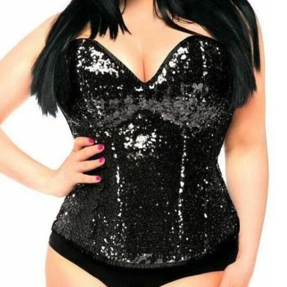 Daisy Top Drawer Black Sequin Steel Boned Corset Removable Garters Medium New! - Picture 3 of 8